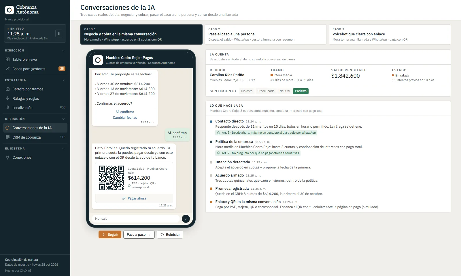 Conversación por WhatsApp: la IA arma un acuerdo en 3 cuotas y entrega el QR de pago